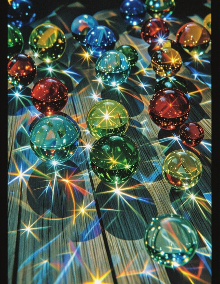 Colorful Glass Marbles on Polished Wood Surface