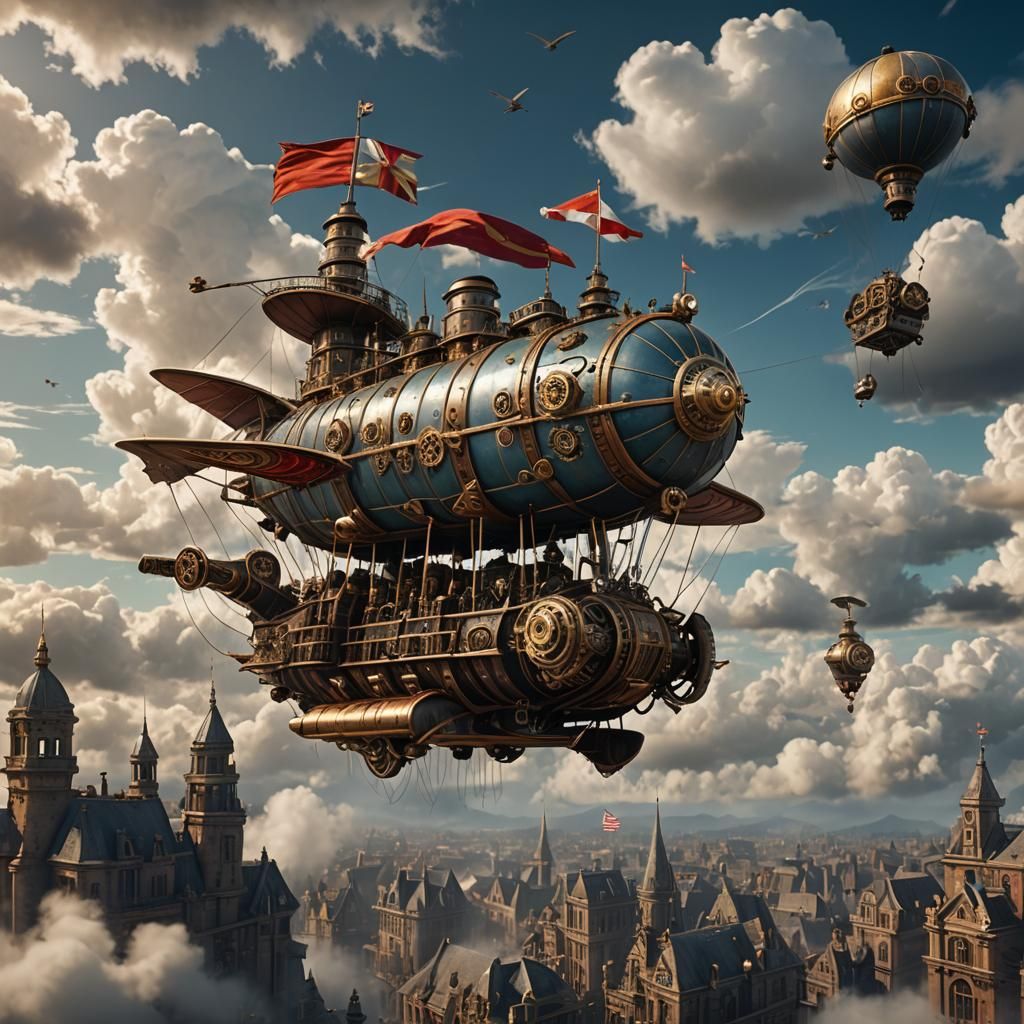 Steampunk Airship Soaring Through Cloudy Skies