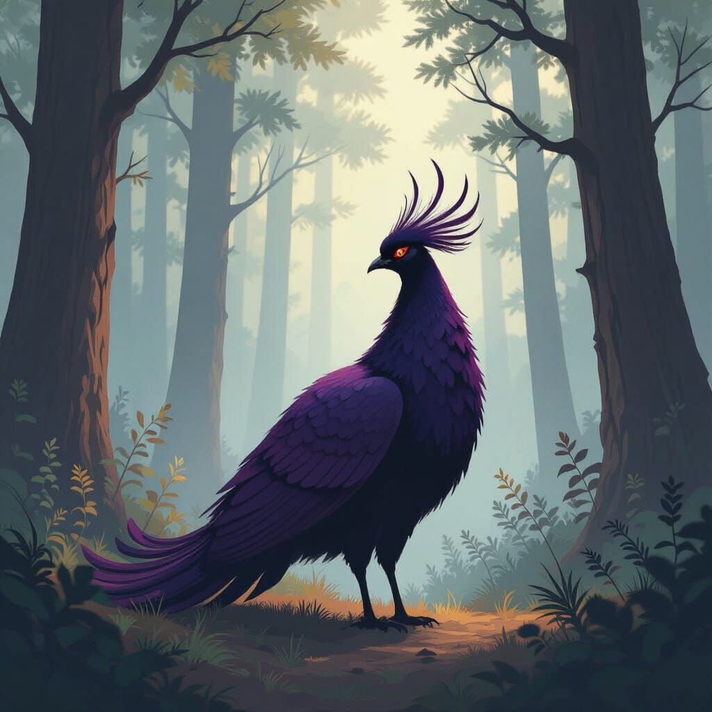 Majestic Shadow Phengon in Misty Forest, Digital Painting