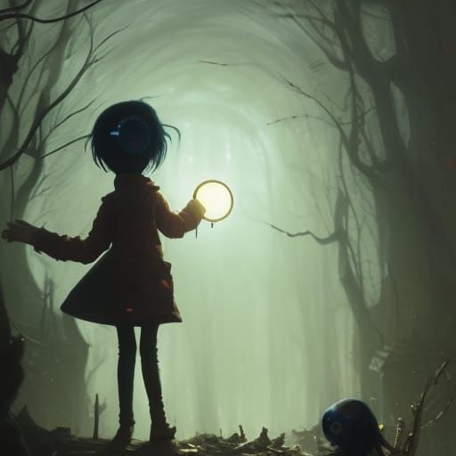 Coraline with Button Eyes in Dark Fantasy Style