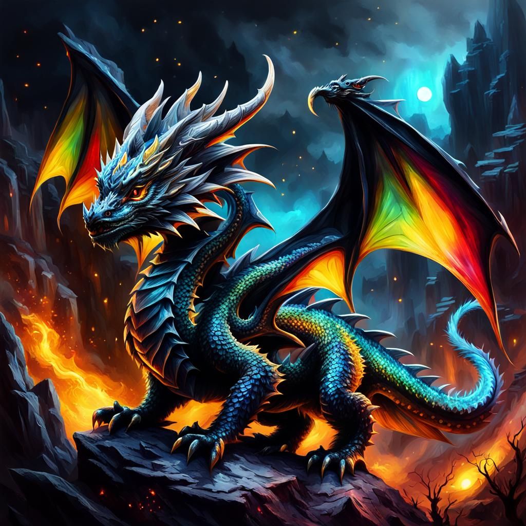 Colorful Baby Dragon Shines in Dark Fantasy Art