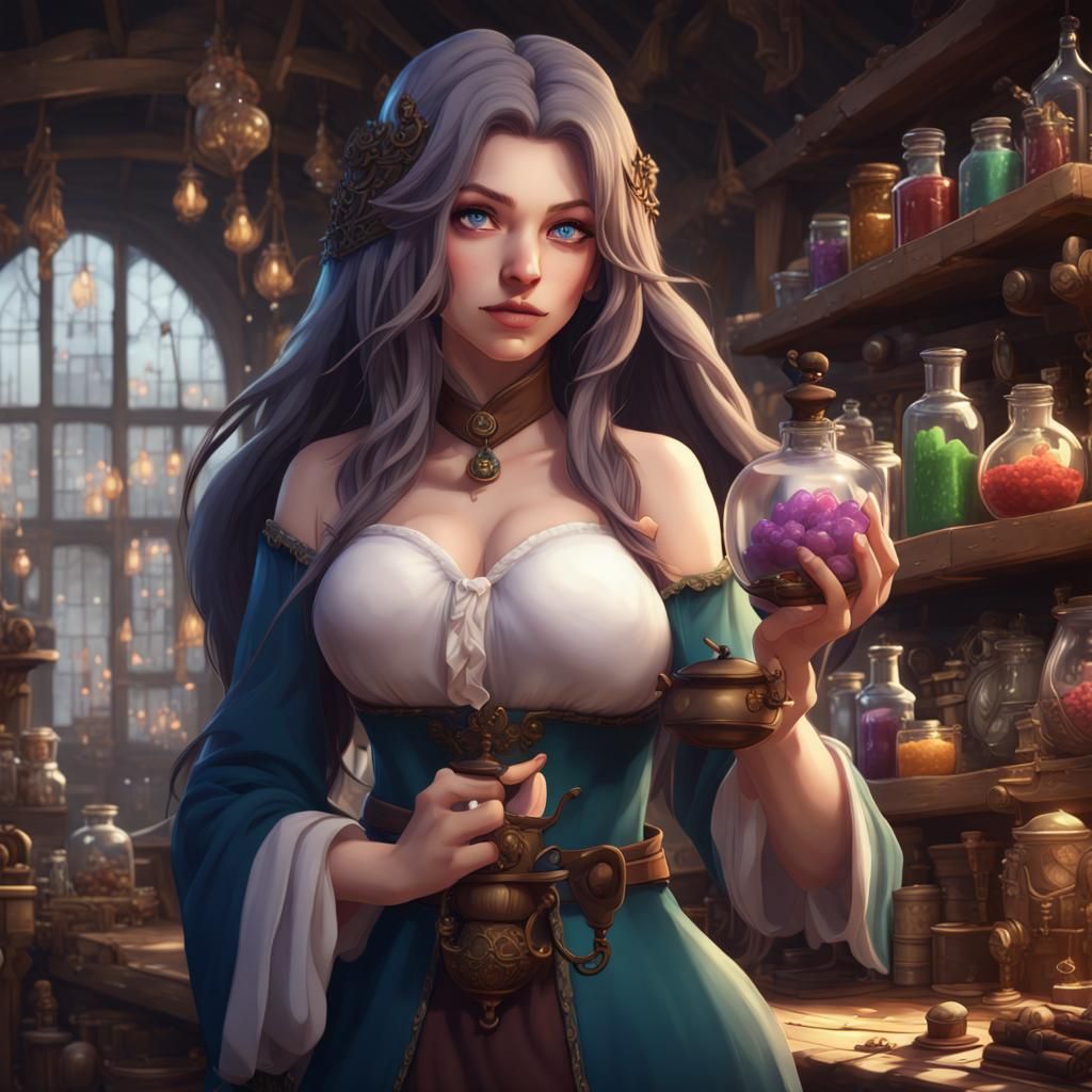 Beautiful Anime Potion Merchant with Long Hair