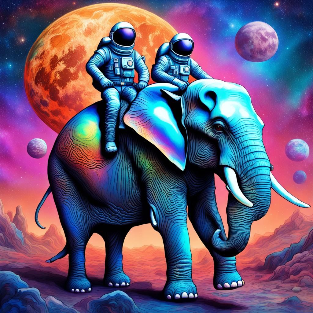 Astronauts Ride Alien Elephant in Cosmic Illustration