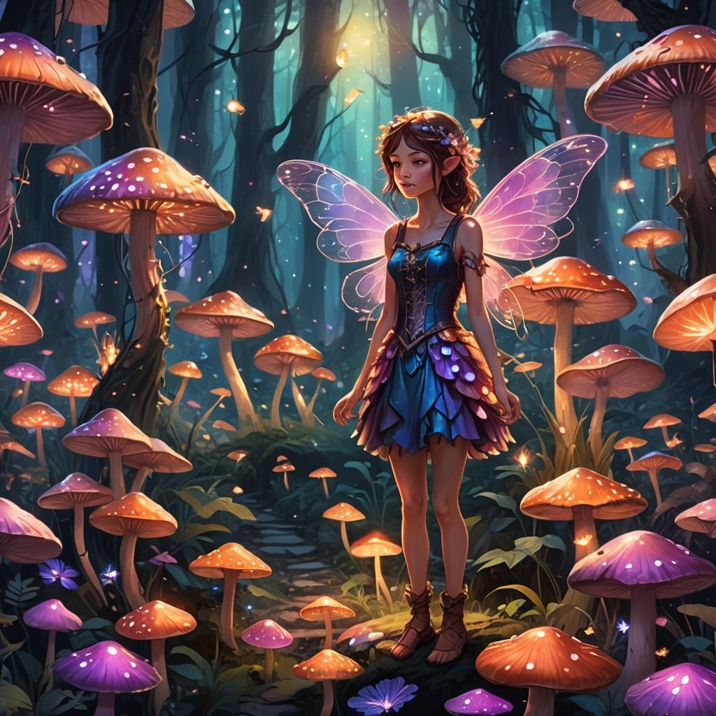 Fairy in Mystical Glowing Mushroom Forest