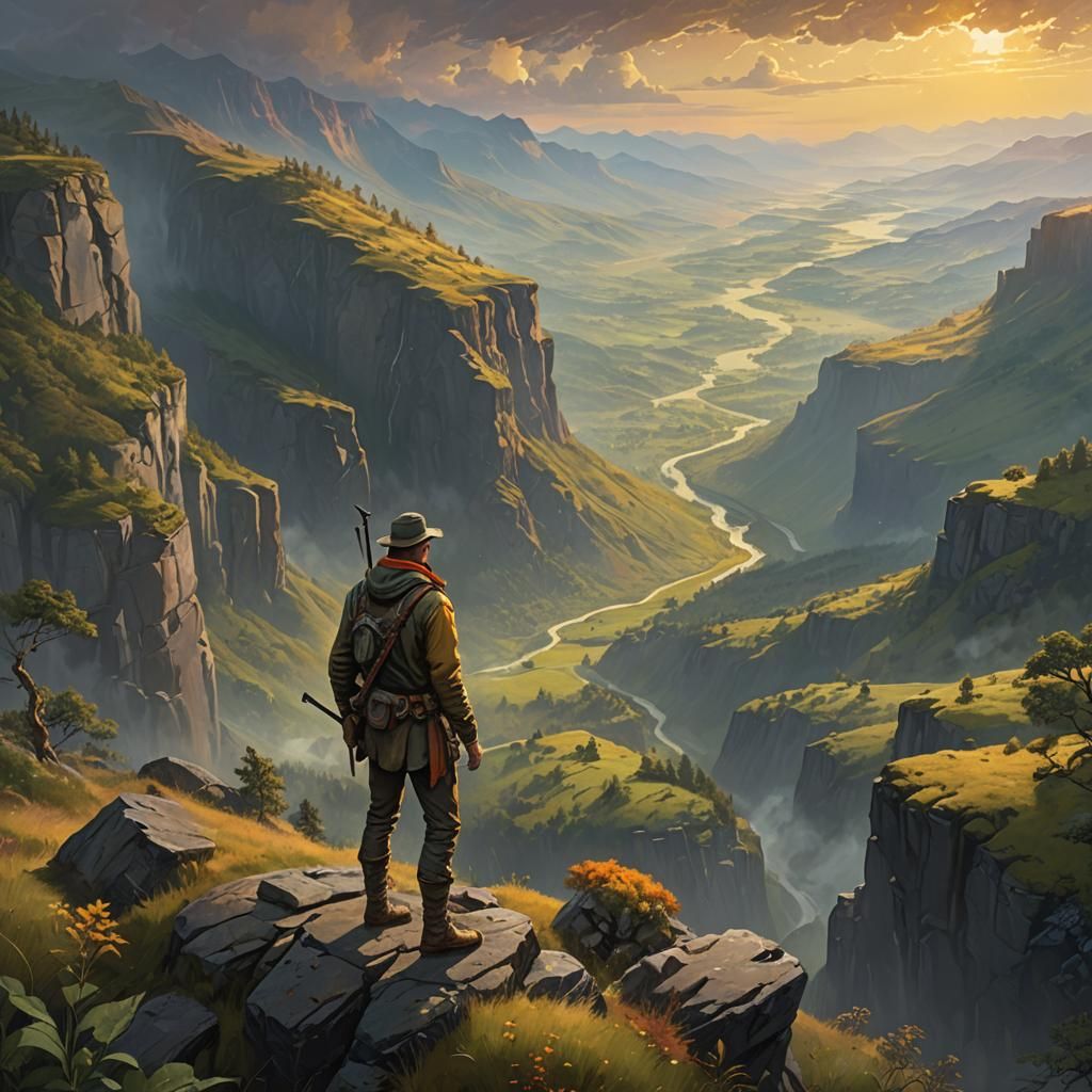 Hunter Overlooking Valley in Oil Painting Style