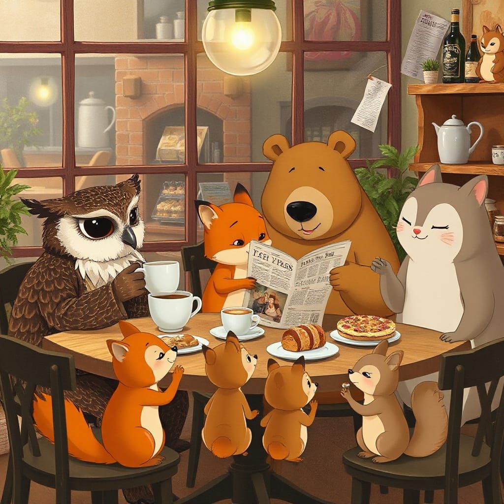 Anthropomorphic Animals in Cozy Cafe, Animated Style