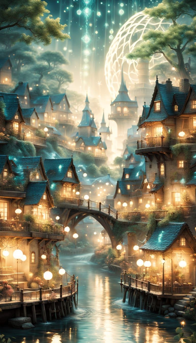 Whimsical Village Waterwheel Granting Wishes in Enchanted Re...