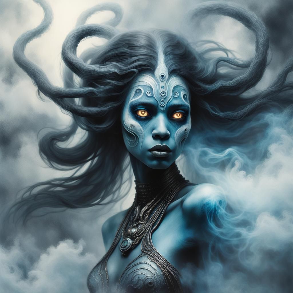 Blue-Skinned Djinn Portrait in Dark Fantasy Art