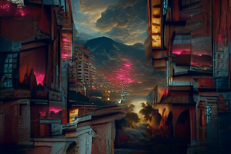 Cyberpunk Cityscape with Neon Lights and Red Sky