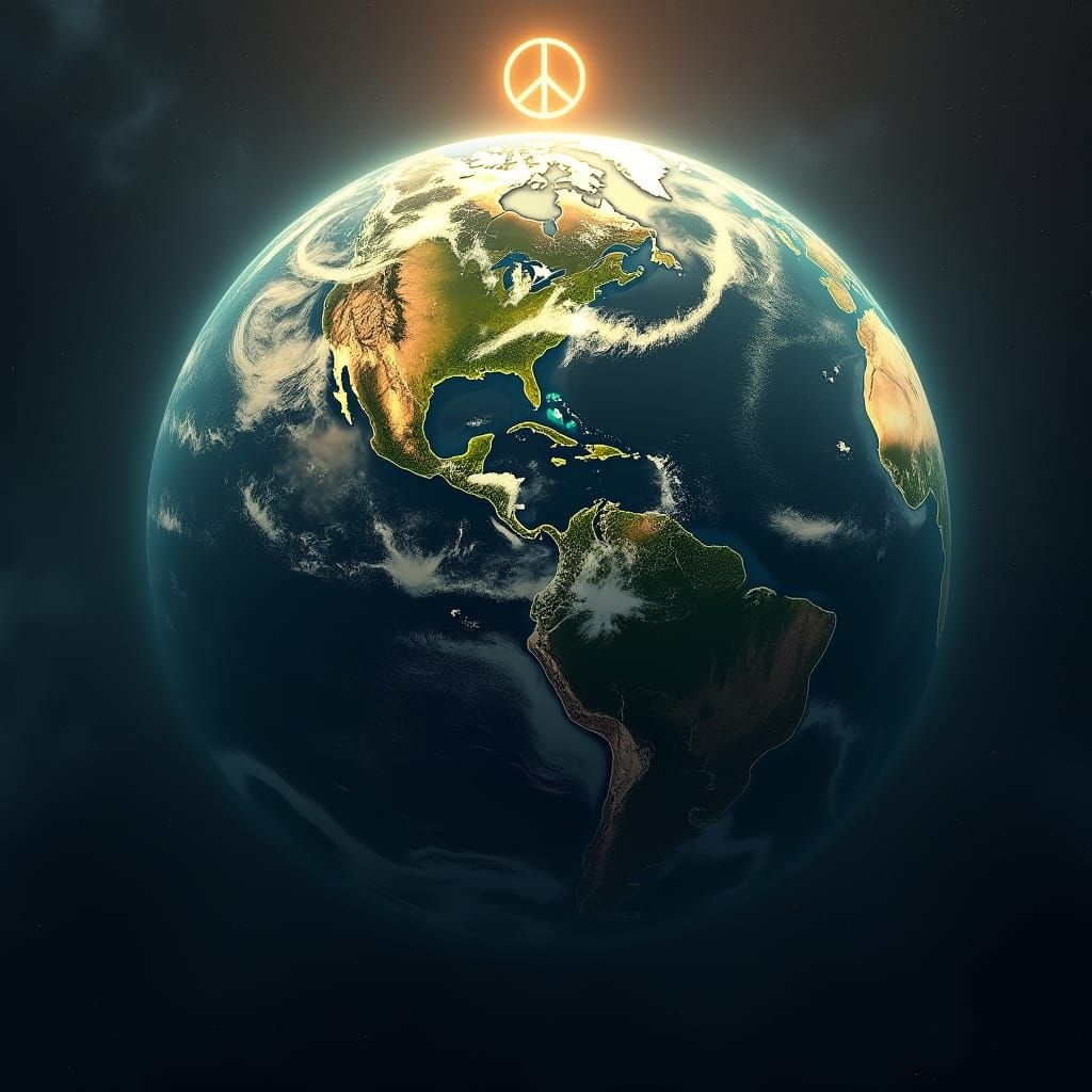 Earth from Orbit with Peace Sign, Ethereal Art Style