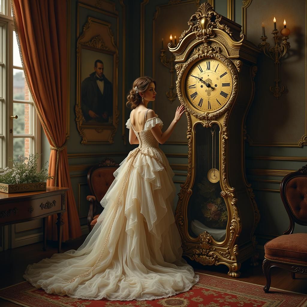 Woman in Rococo Salon with Surreal Clock