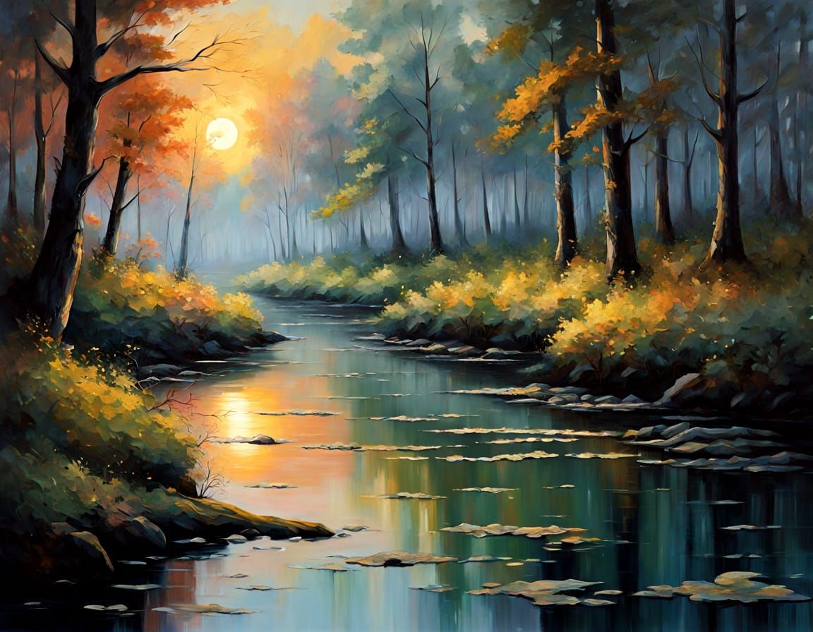 Mystical Forest Twilight Under Starry Sky Oil Painting