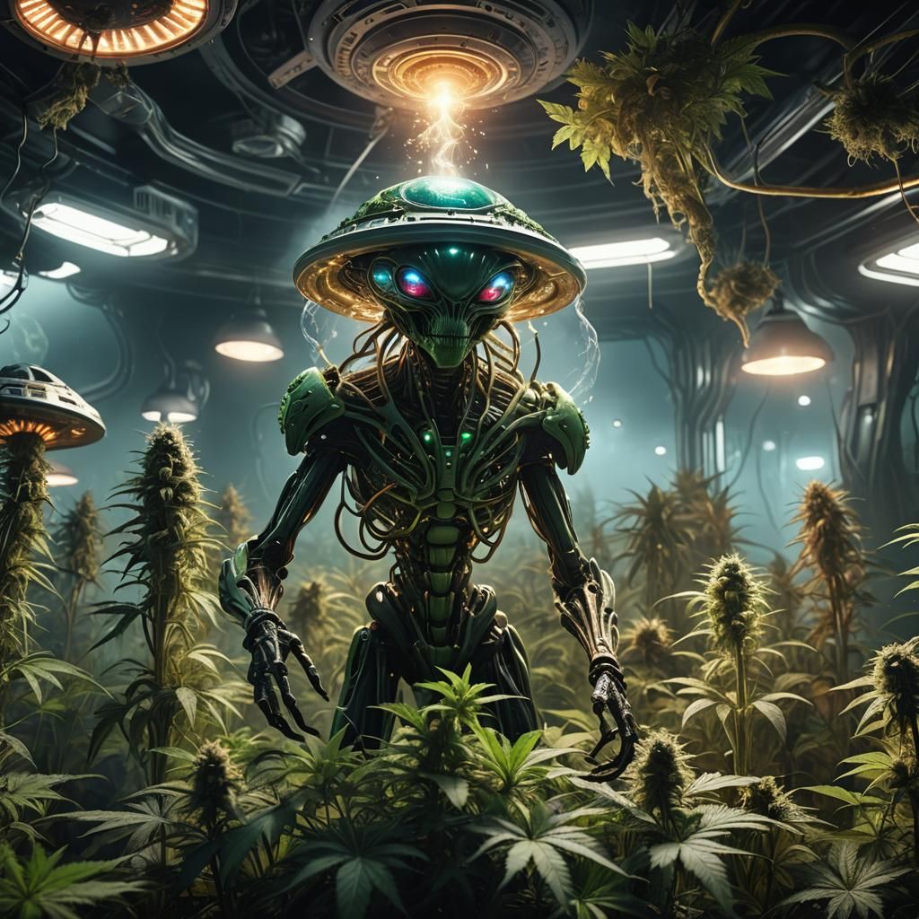 Alien Cannabis Plantation with UFO Lights