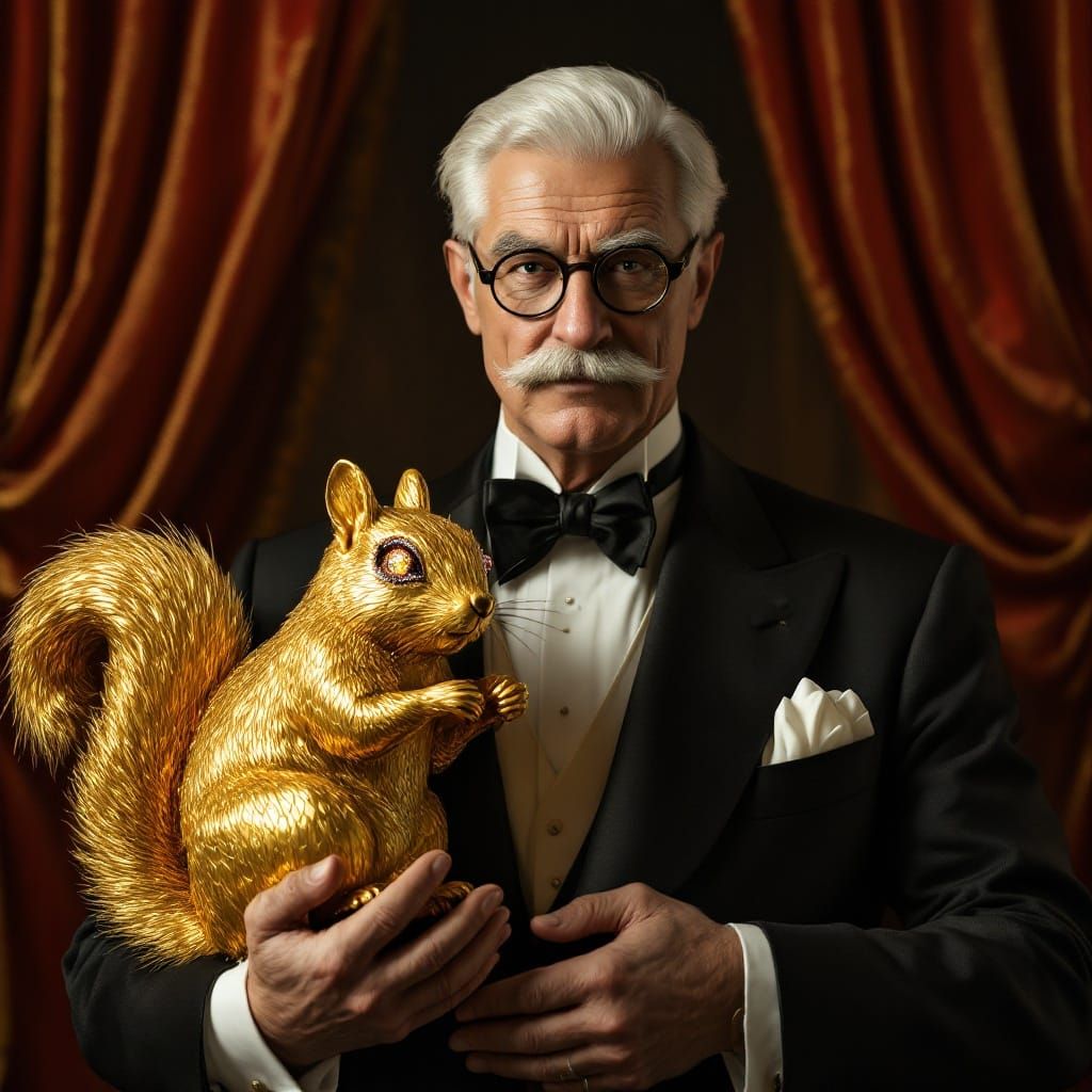 Elegant Gentleman Presents Golden Squirrel Statue in Opulent...