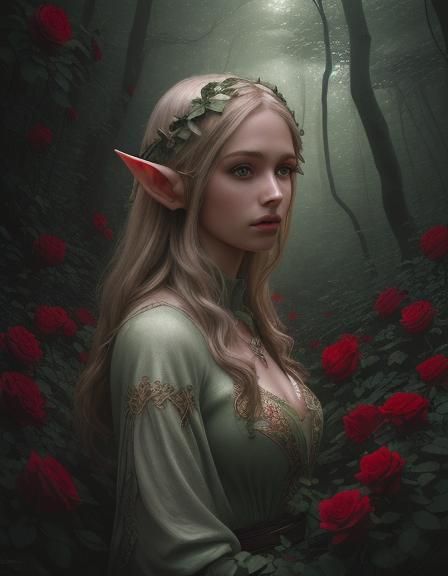 Beautiful Elf Woman in Rose Forest: Hyperrealistic HDR