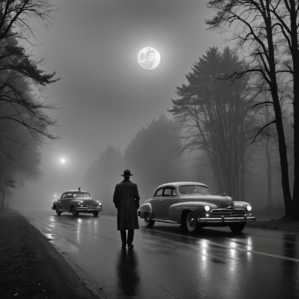 Film Noir: Man, Car, and UFO on Foggy Road