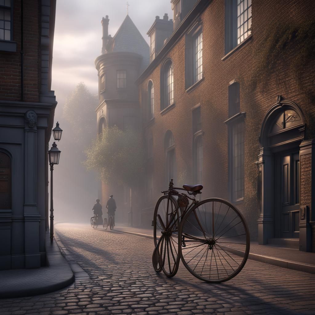 Foggy Street with Penny-farthing Bike: Detailed Matte Painti...