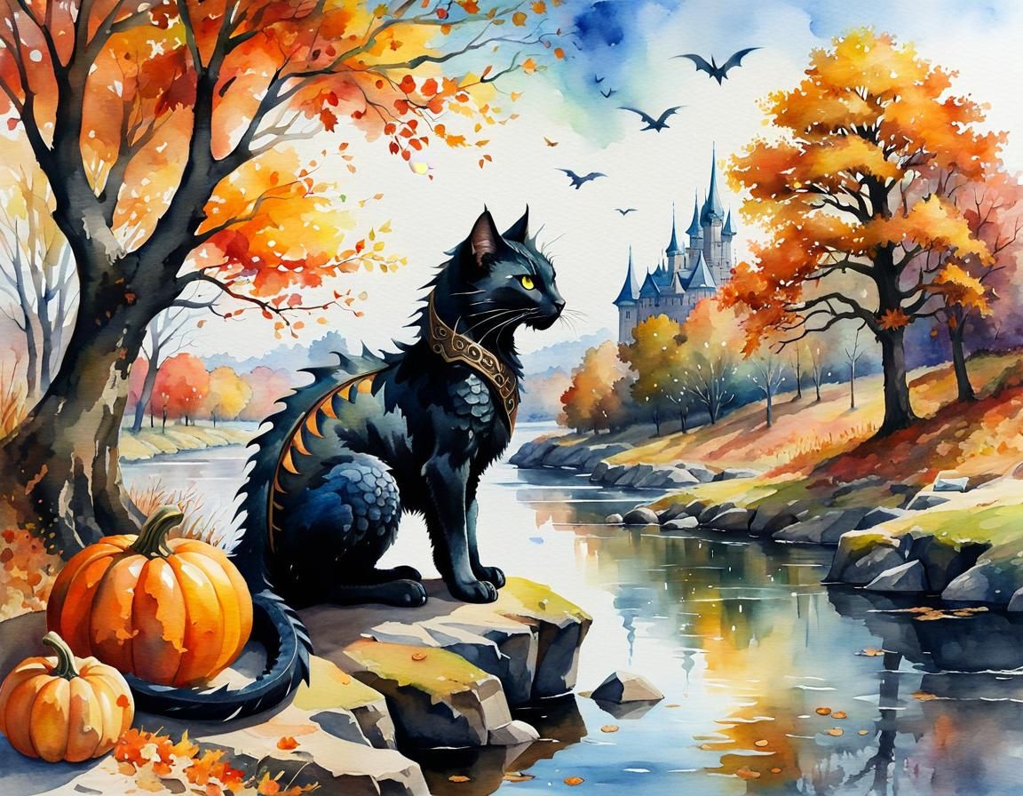 Technocore Teslapunk Dragon-Cat in Autumnal Landscape