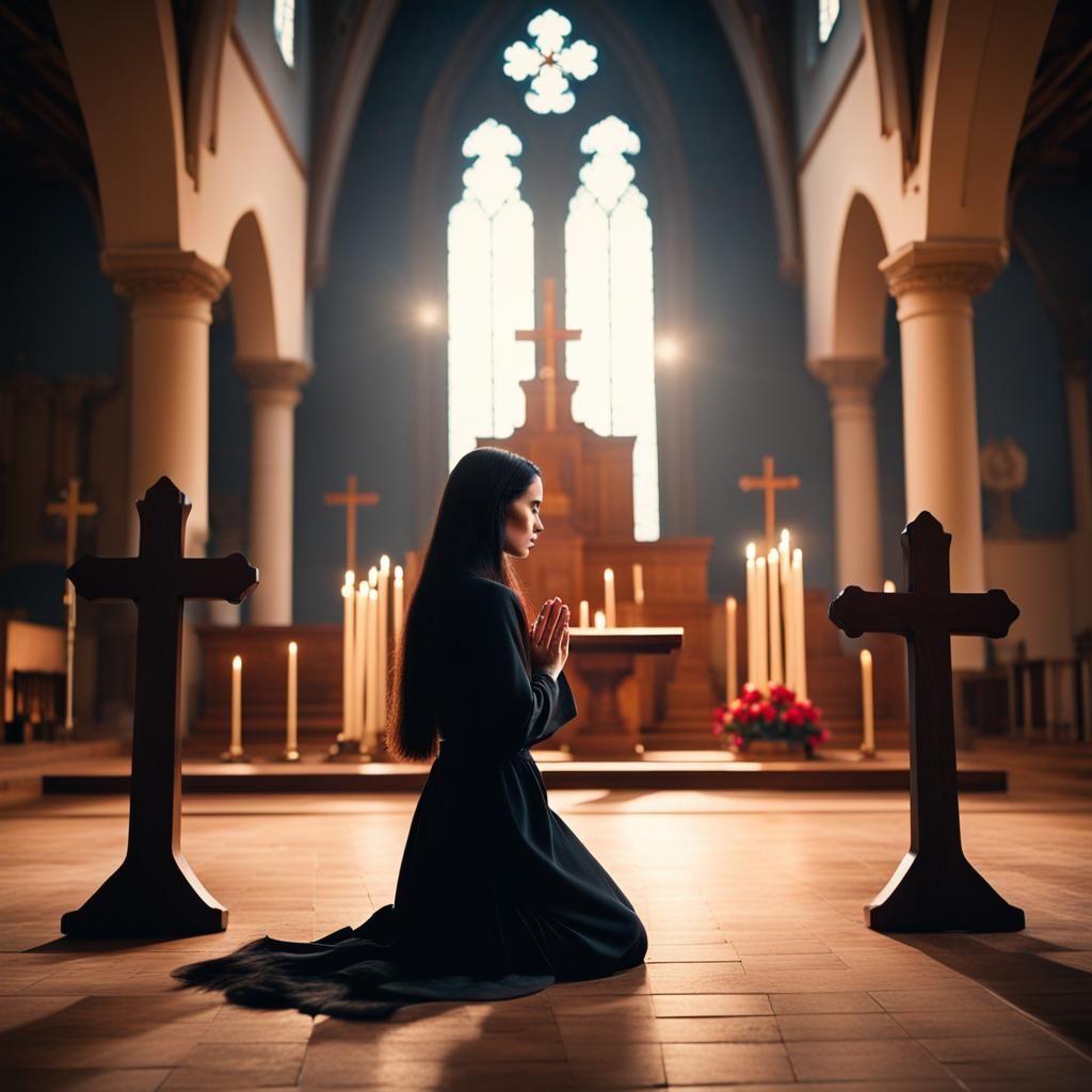 Woman Kneeling in Prayer at Church Altar