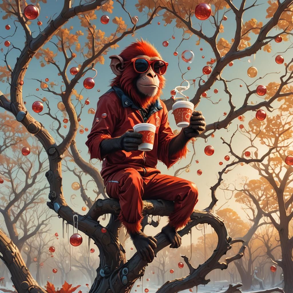 Red Monkey with Cappuccino Bubbles, Fantasy Art