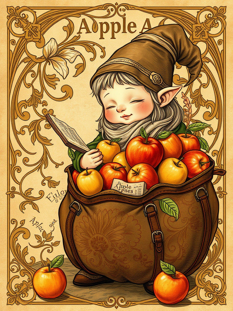 Hobbit with Apples in Art Nouveau Style