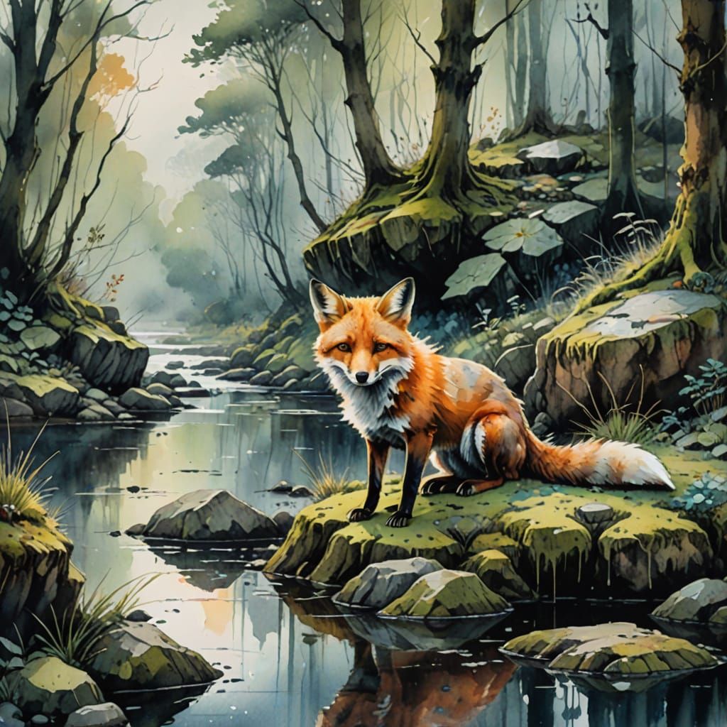 Sly Fox in Serene Watercolor Portrait