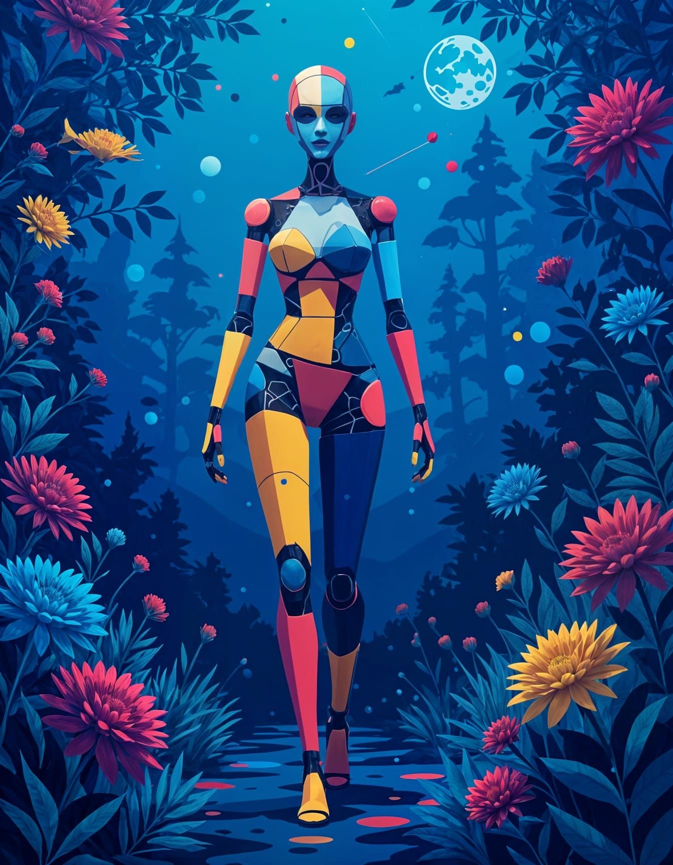 Molecular Stick-Figure Woman in Primary Colors