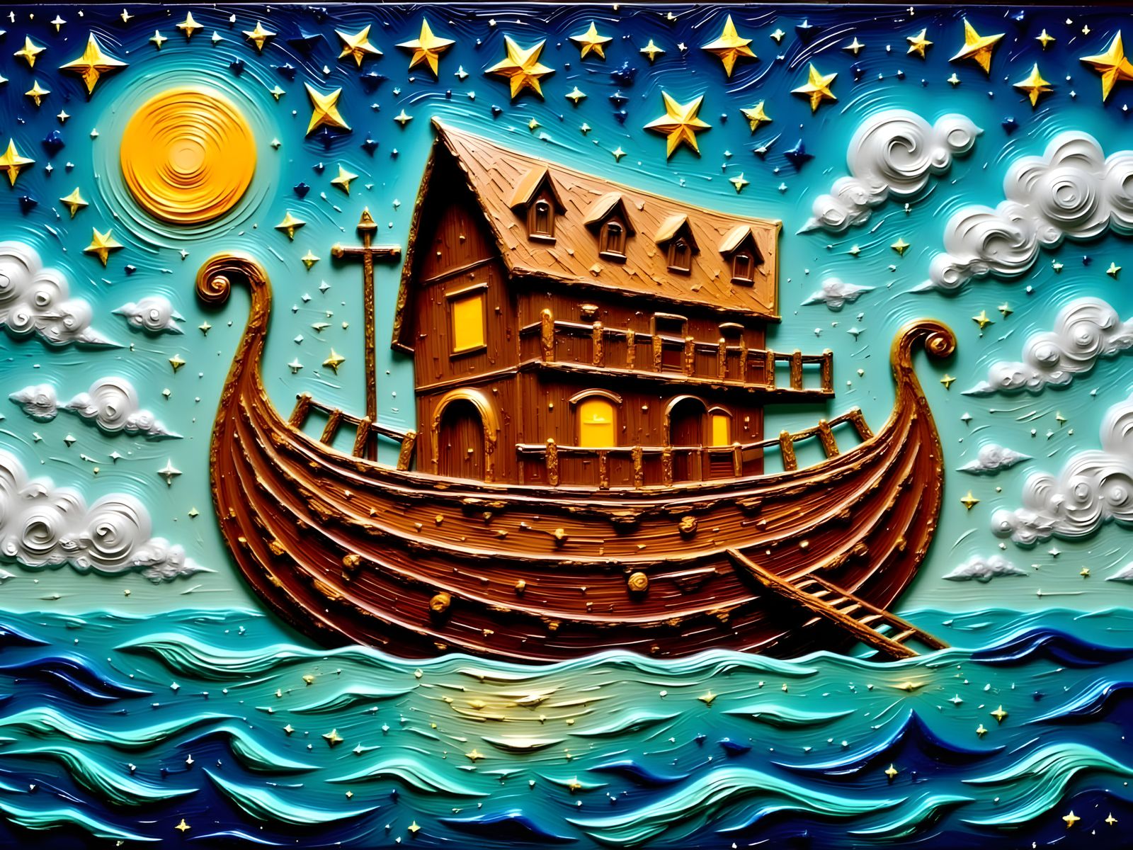 Glittering Noah's Ark on Swirling Sea as Impasto Painting