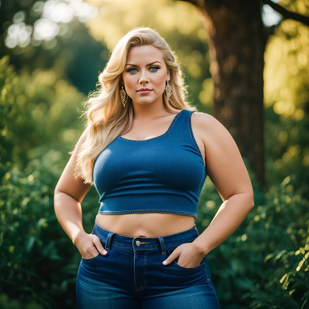 Confident Plus-Size Model in Blue Jeans: Fashion Photo