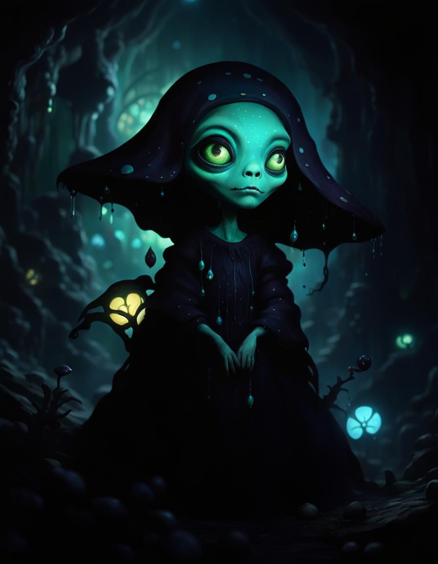Cute Alien in Psychedelic Cave, Dark Fantasy Art