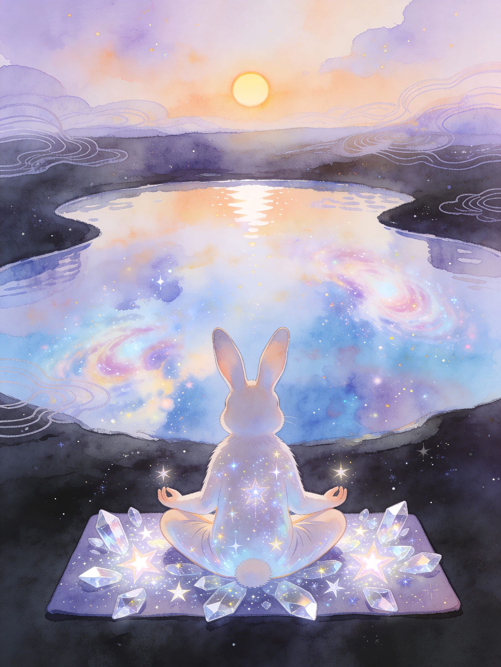Meditative Rabbit Welcomes New Dawn Over Starlit Pond