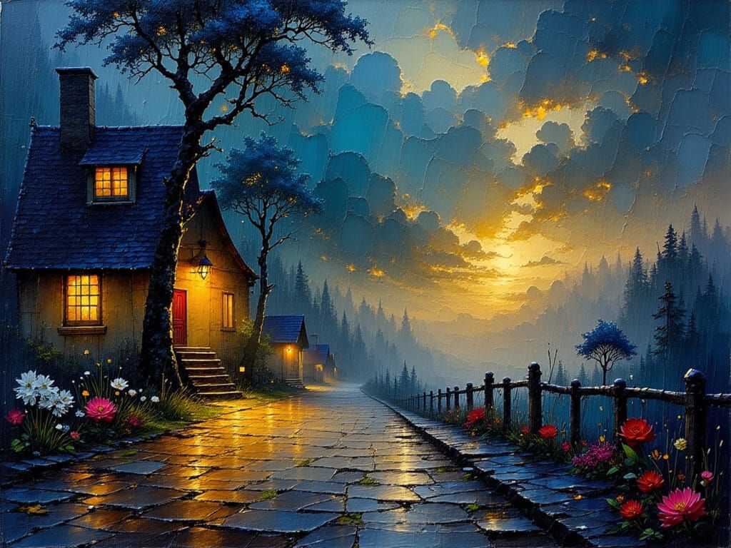 Rainy Midnight Landscape Impasto Painting with Golden Accent...