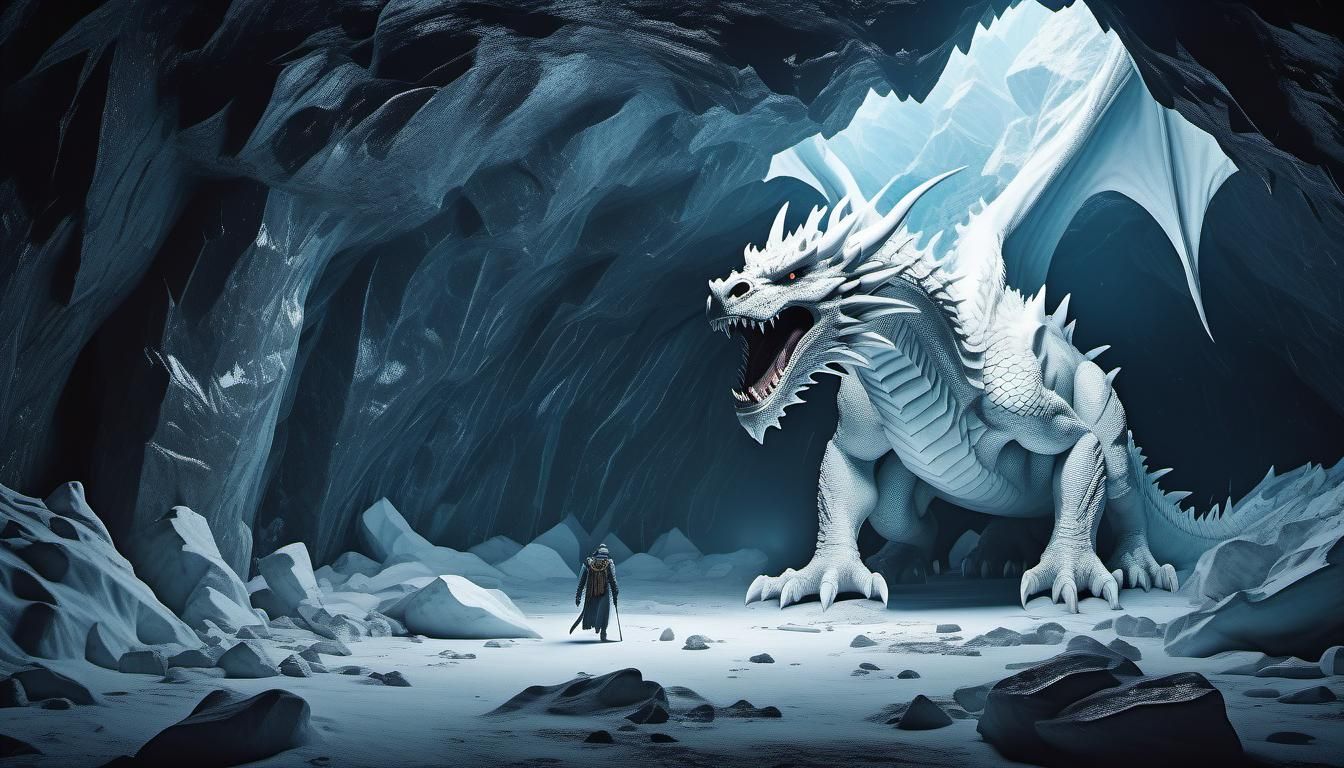 Ancient white dragon inside a huge cave