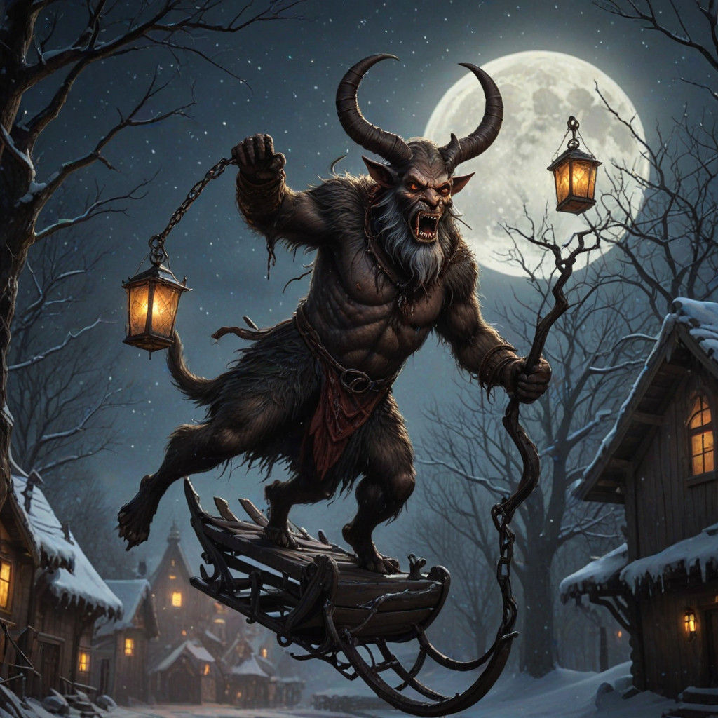 Krampus Jumps onto Santa's Sleigh in Dark Fantasy Scene