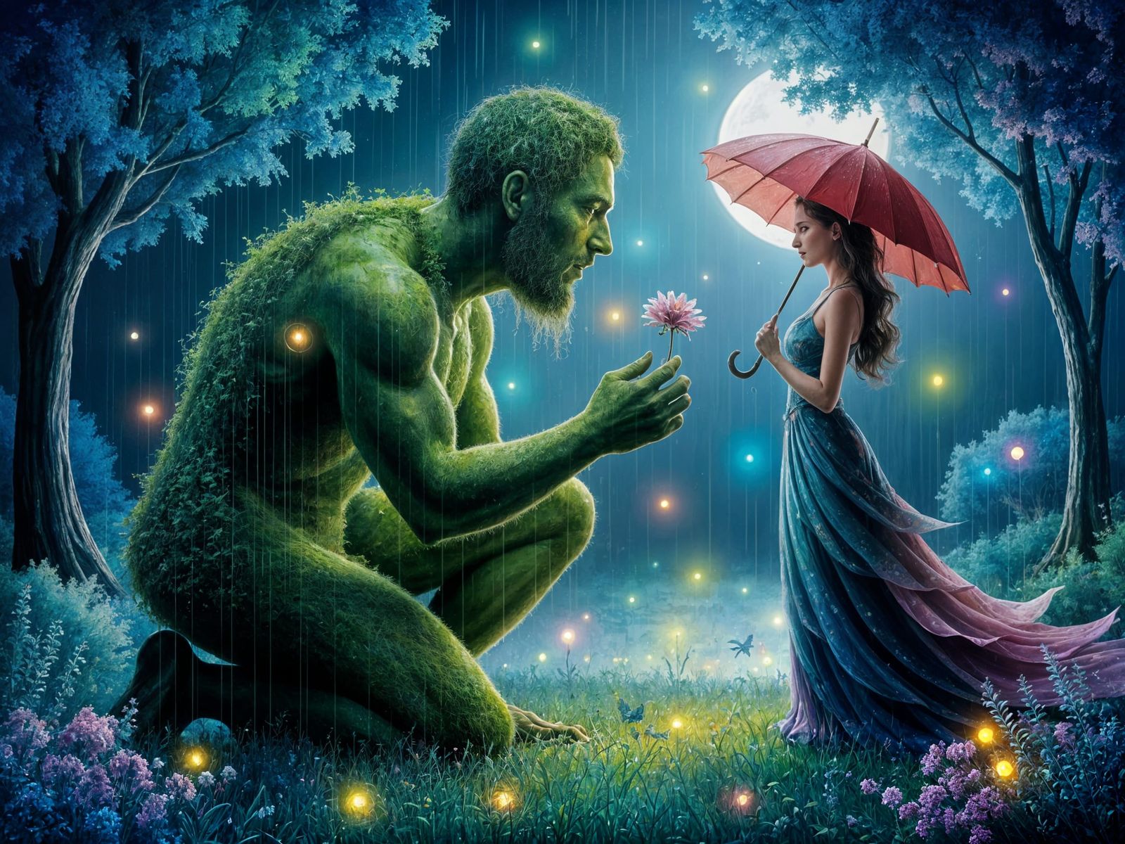 Green Man Offering Flower in Impressionist Style