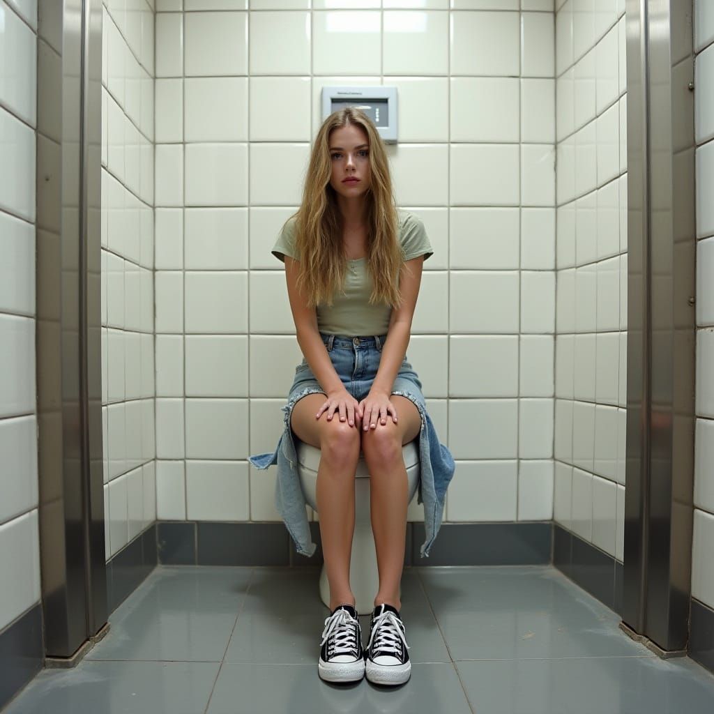 Realistic Photo of Woman on Public Toilet