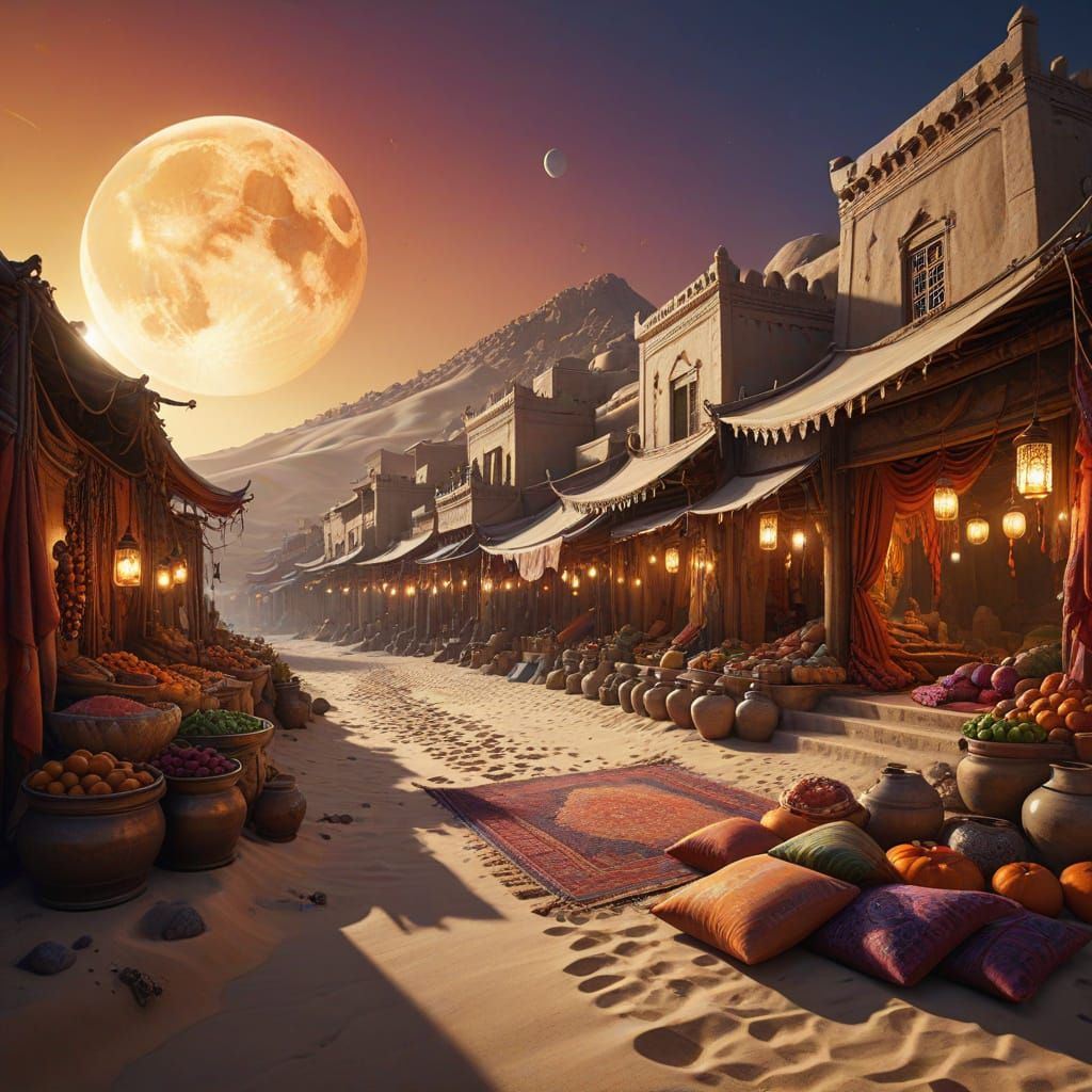 Vibrant Oriental Bazaar at Sunset