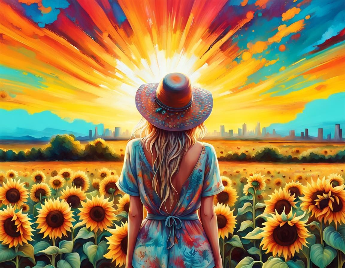 sunflowers field with colorful backround and a woman with boho clothes looking towards the field, we only can see her ba...