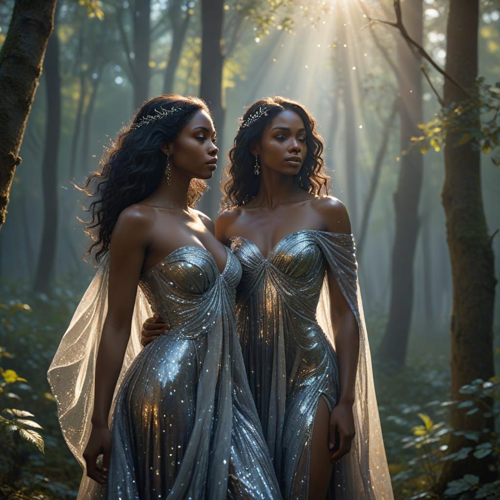 Regal Goddesses Embodying Starlight at the Edge of the Fores...