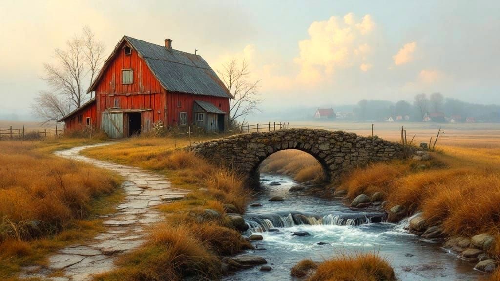 Vintage Red Barn Landscape in Morning Mist