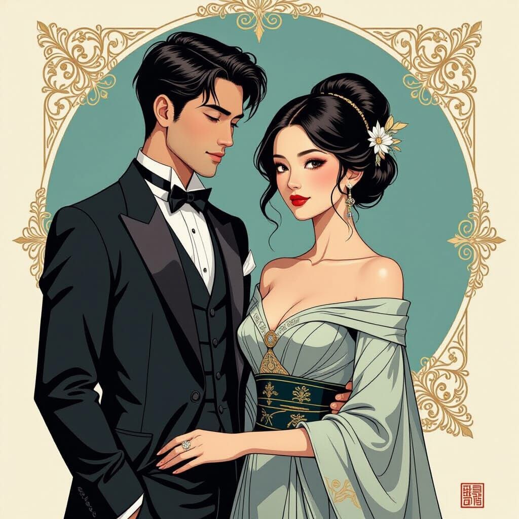 Elegant Woman with Mysterious Man in Illustrative Style