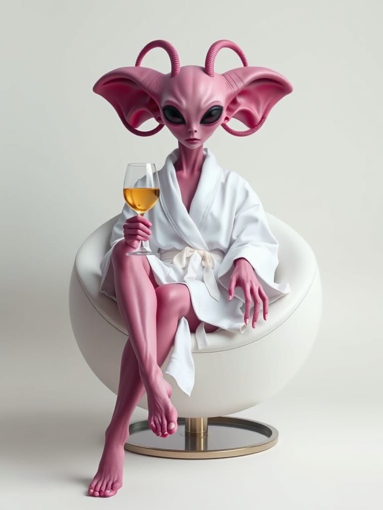 Neon Pink Alien in Bathrobe on Levitating Egg Chair