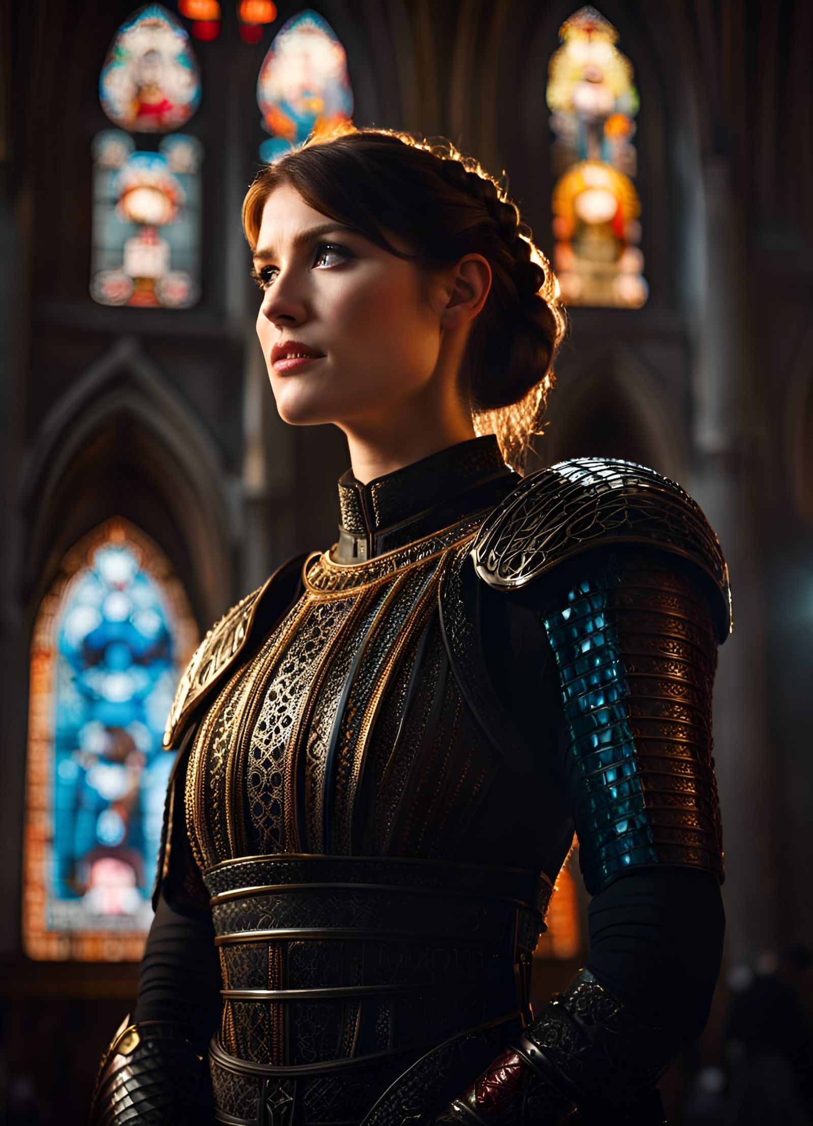 Gemma Arterton in Armor and Lace, Hyperrealistic Cathedral P...