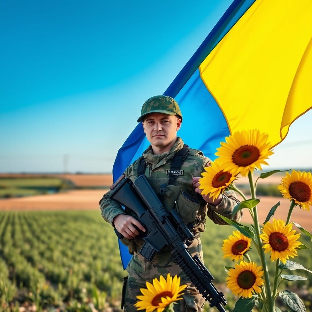 Ukrainian Soldier in Modern Military Uniform, Holding Flag w...