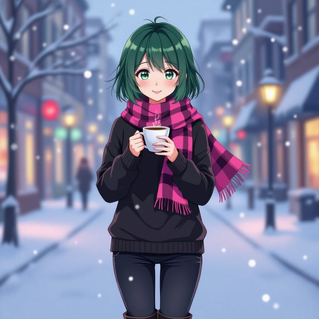 Anime Woman with Green Bangs in Snowy City