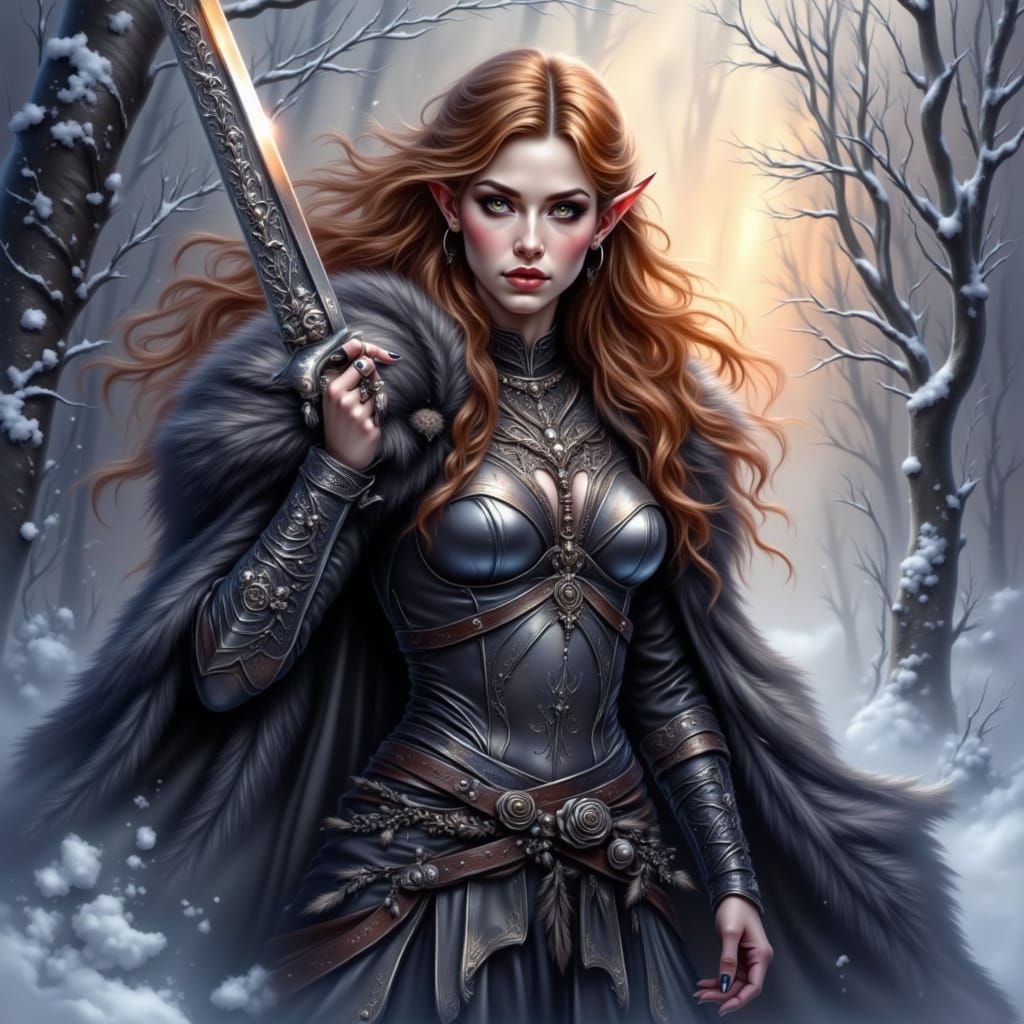 Elven Warrior Woman in Snowy Forest