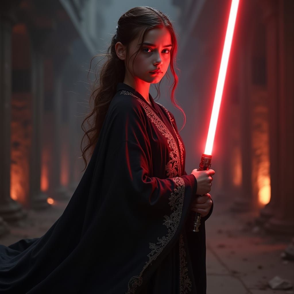 Young Brunette Warrior Wields Red Lightsaber in Dark, Mystic...