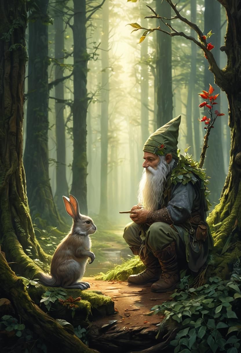 Gnome Druid Chatting with Rabbit in Forest