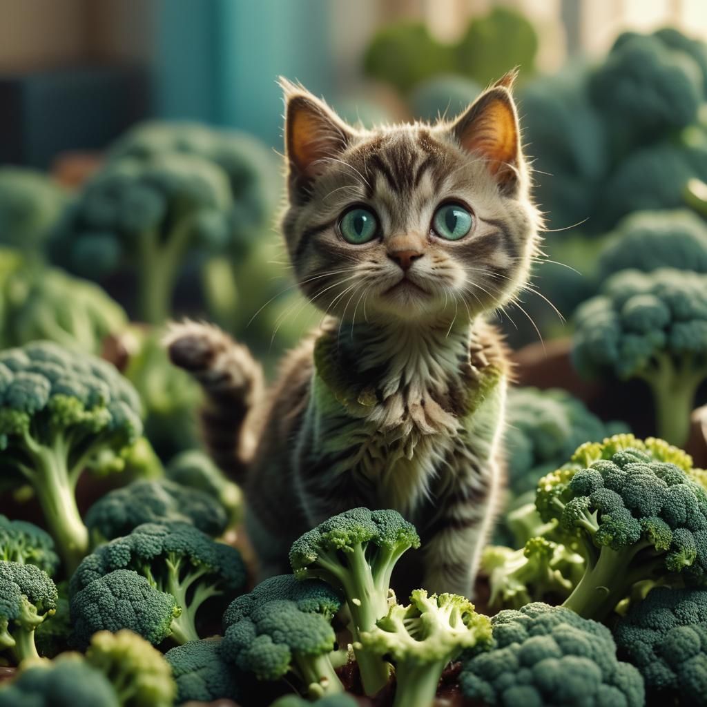 Adorable Cat on Broccoli in Cinematic Style
