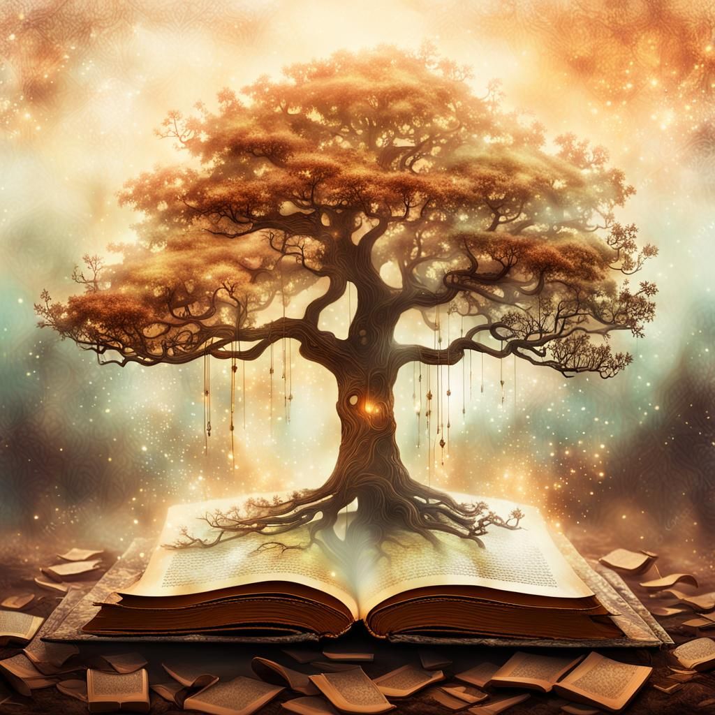 Mystical Tree Growing from Book in Dreamlike Landscape
